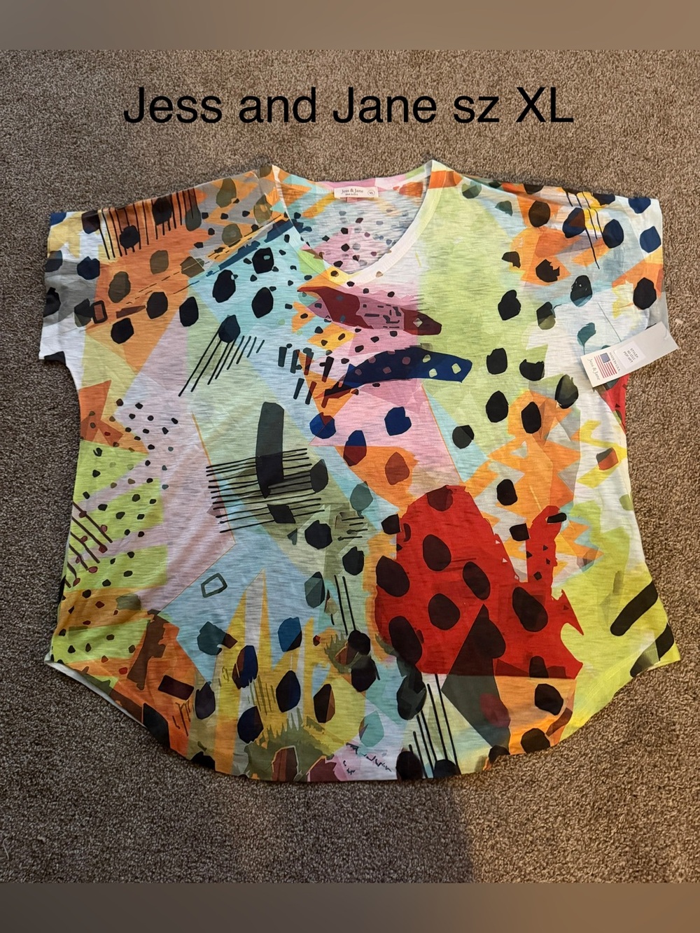 Multicolor Abstract Print V-Neck Top by Jess and Jane sz XL BNWT